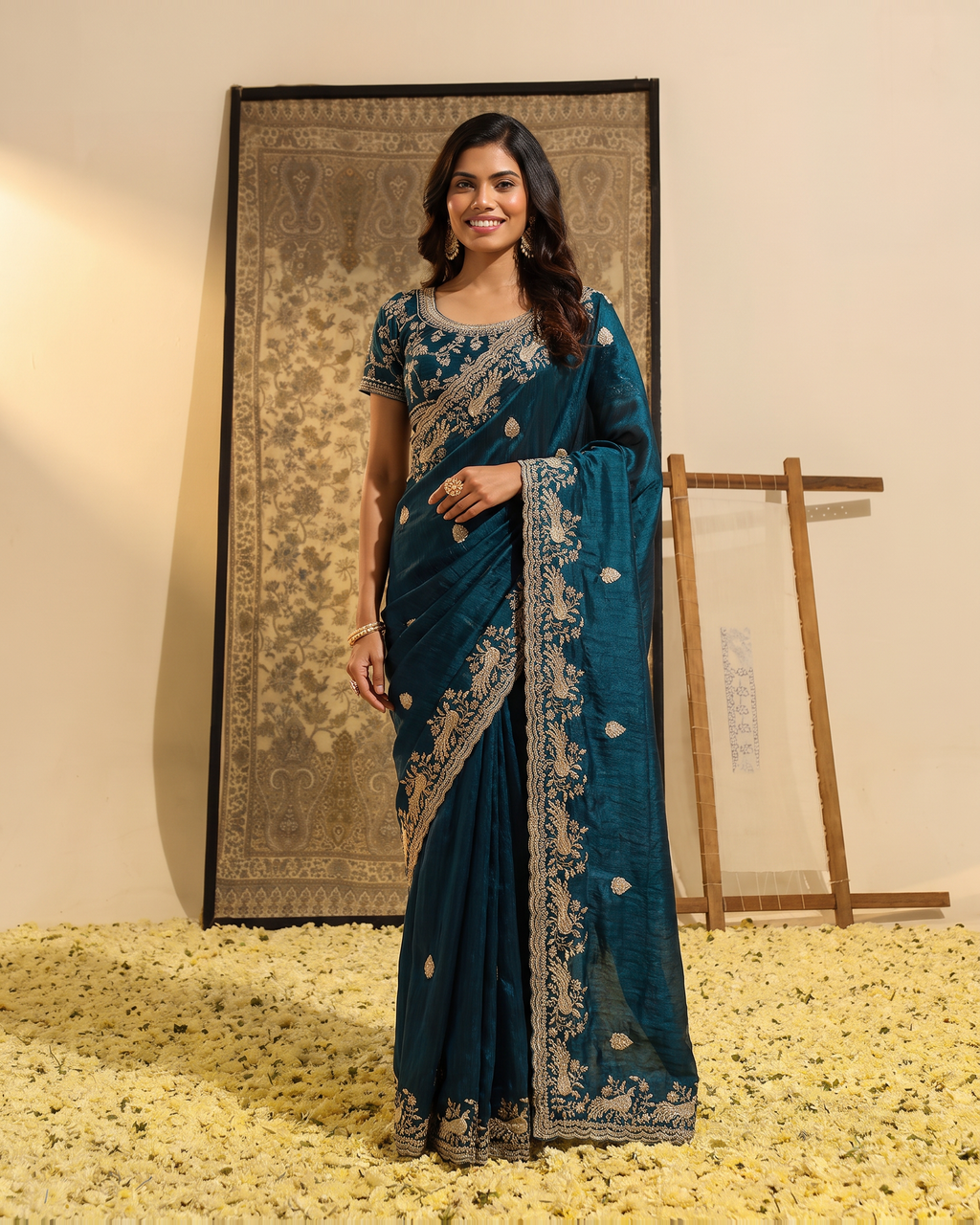 Sudeeksha Delicate Butti Festive Saree with Embroidered Edge - Air Force - full saree hero