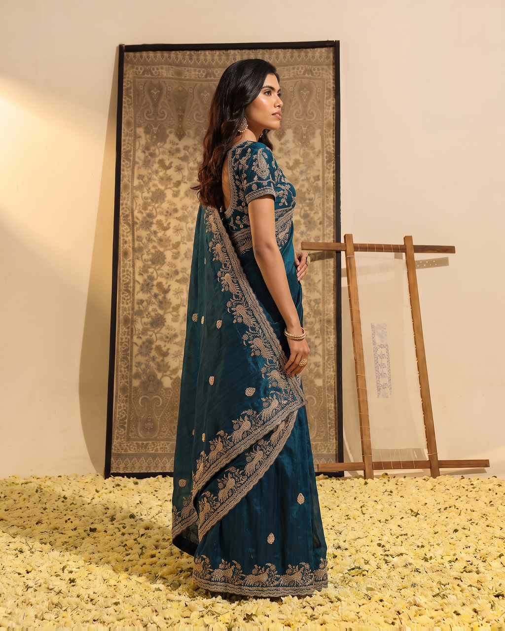 Sudeeksha Delicate Butti Festive Saree with Embroidered Edge - Air Force - side