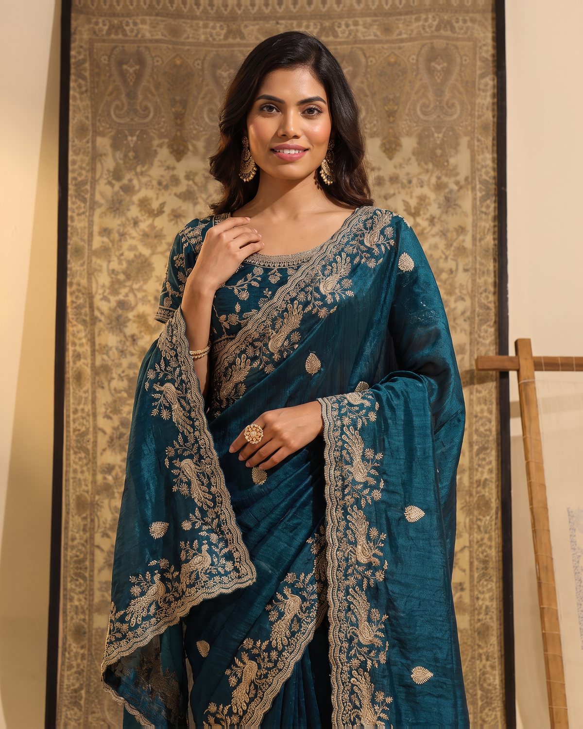 Sudeeksha Delicate Butti Festive Saree with Embroidered Edge - Air Force - upper closeup