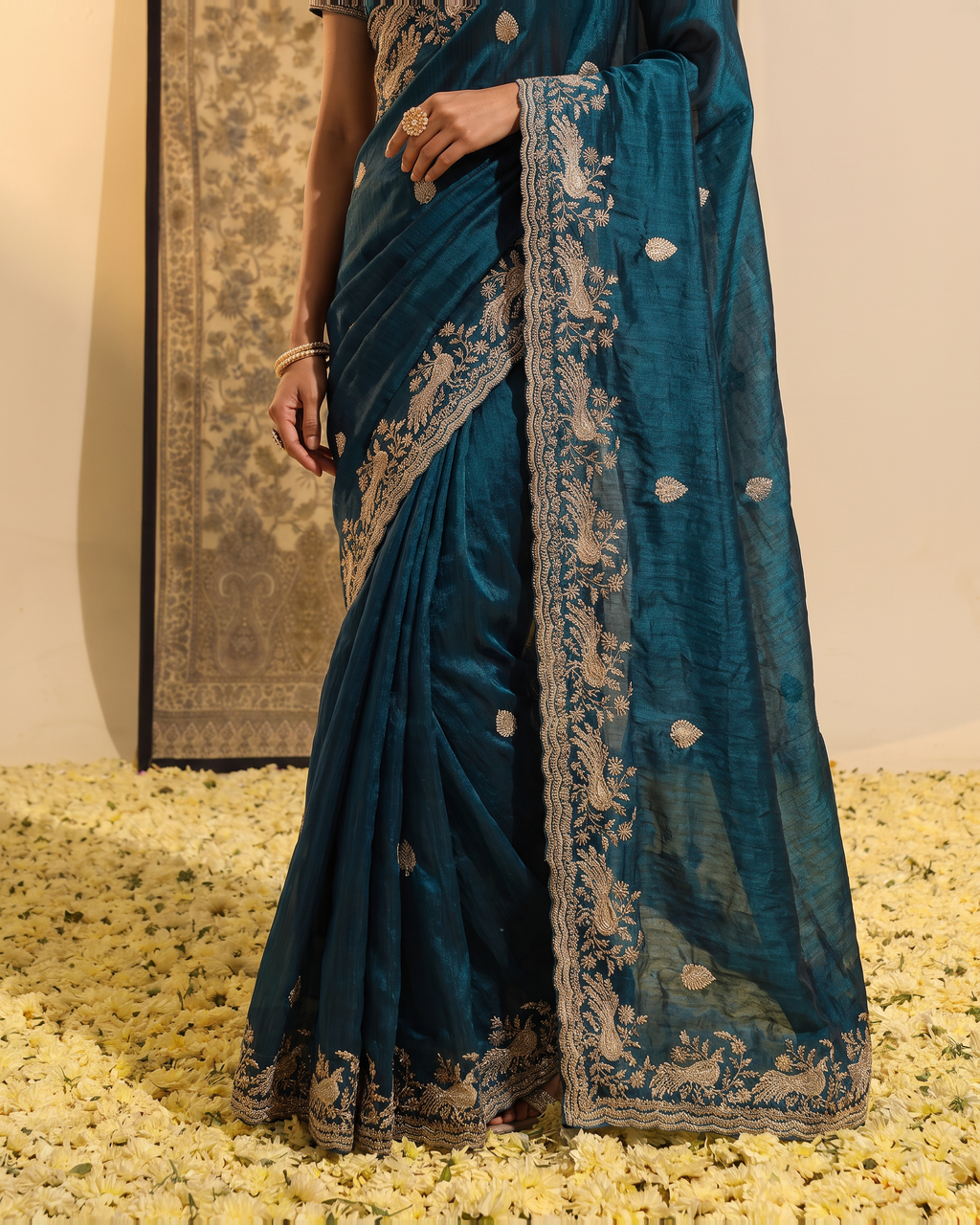 Sudeeksha Delicate Butti Festive Saree with Embroidered Edge - Air Force - lower closeup