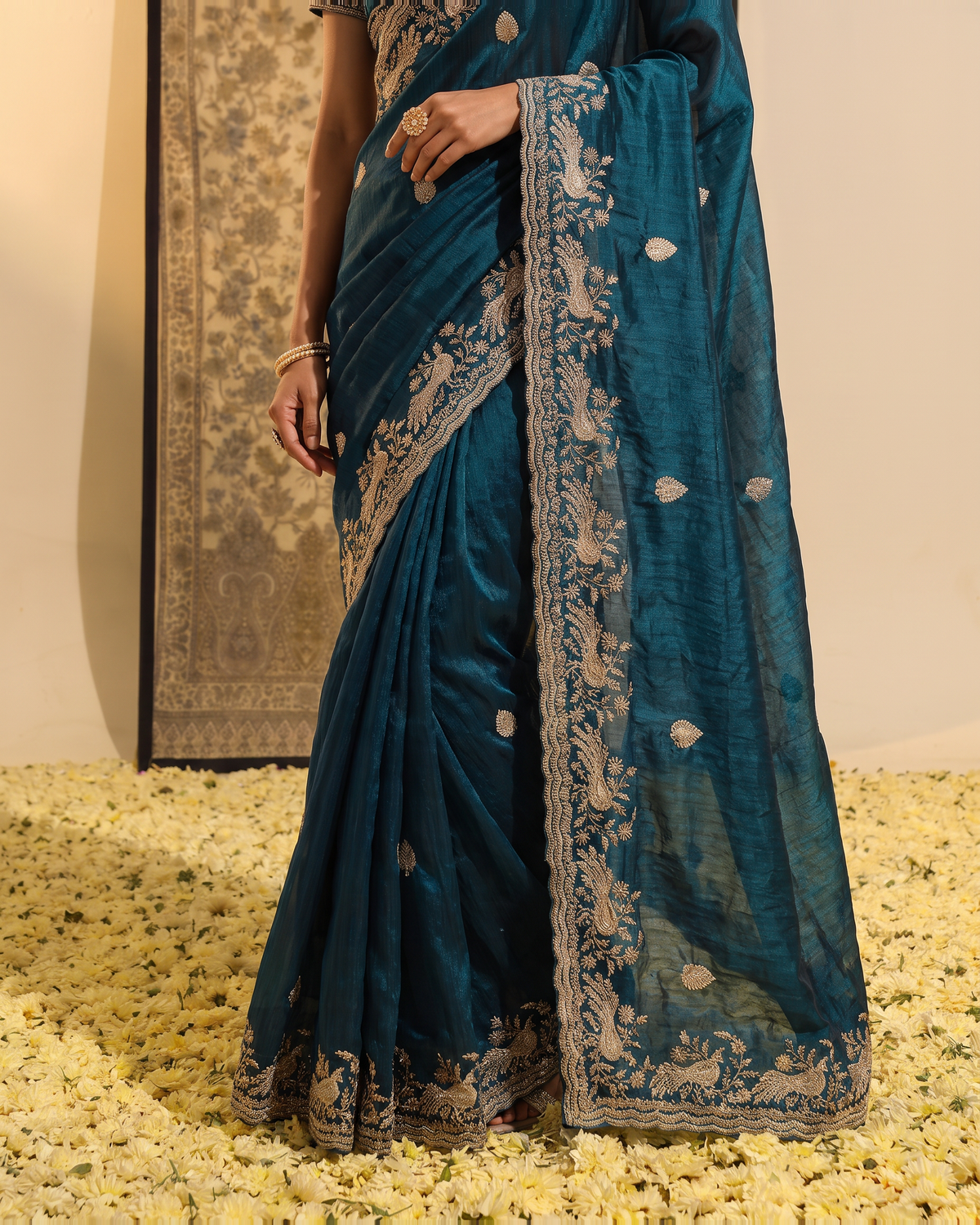 Sudeeksha Delicate Butti Festive Saree with Embroidered Edge - Air Force - lower closeup