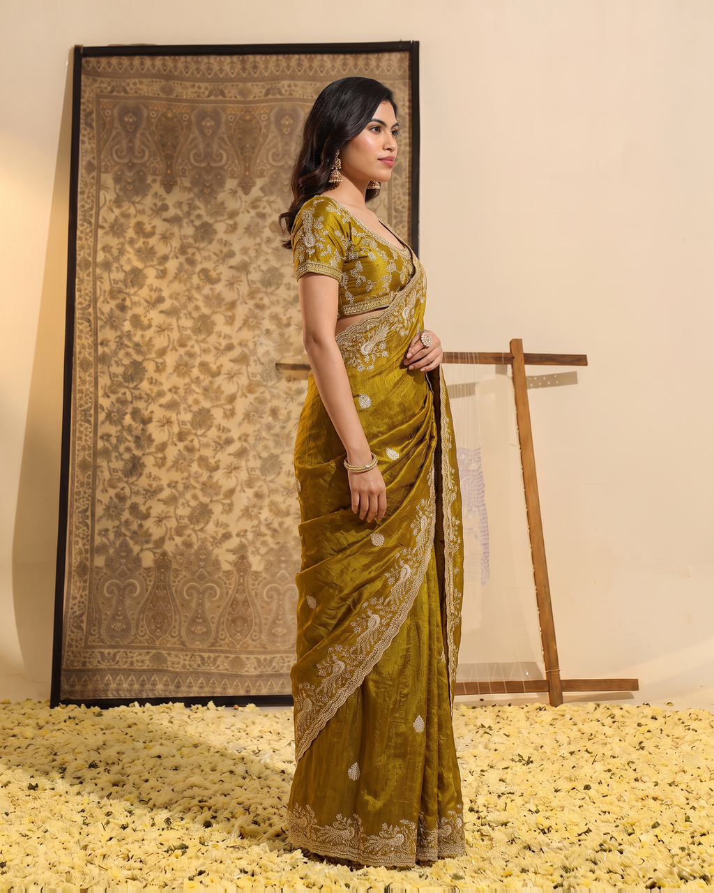 Sudeeksha Delicate Butti Festive Saree with Embroidered Edge - Mustard - side