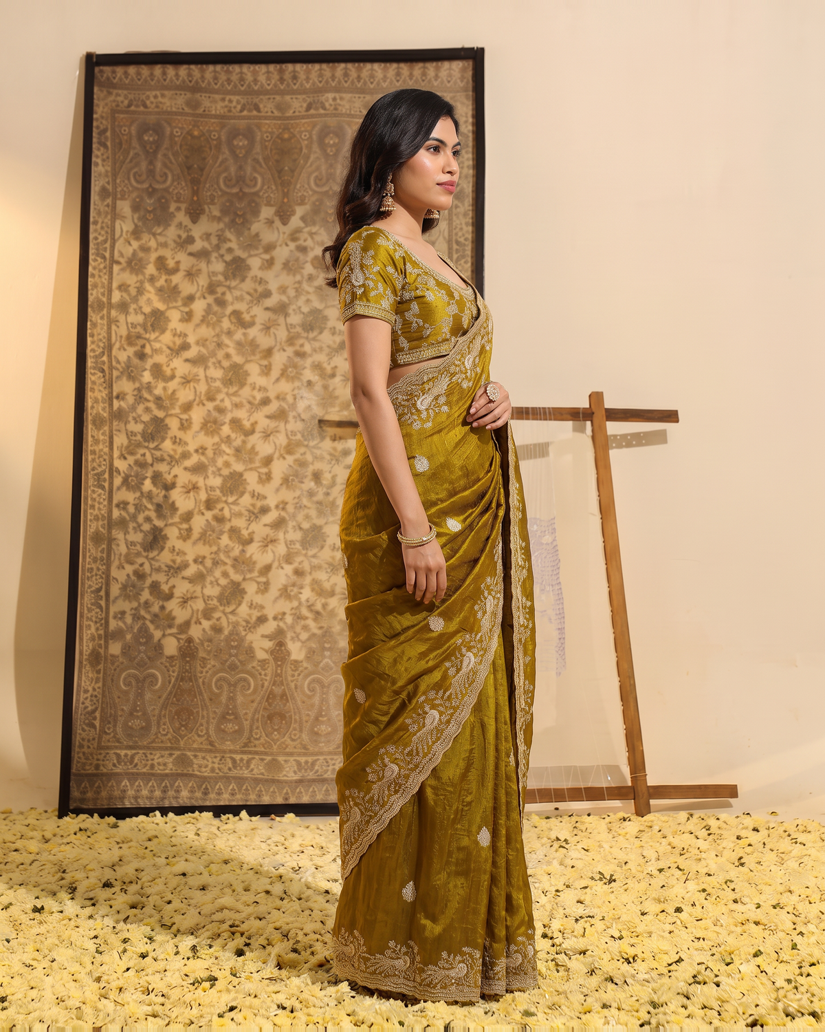 Sudeeksha Delicate Butti Festive Saree with Embroidered Edge - Mustard - side