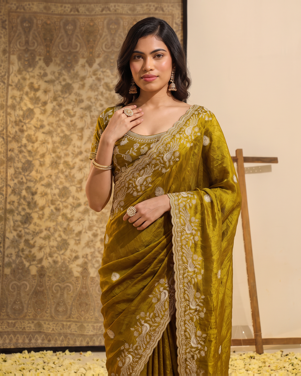 Sudeeksha Delicate Butti Festive Saree with Embroidered Edge - Mustard - upper closeup