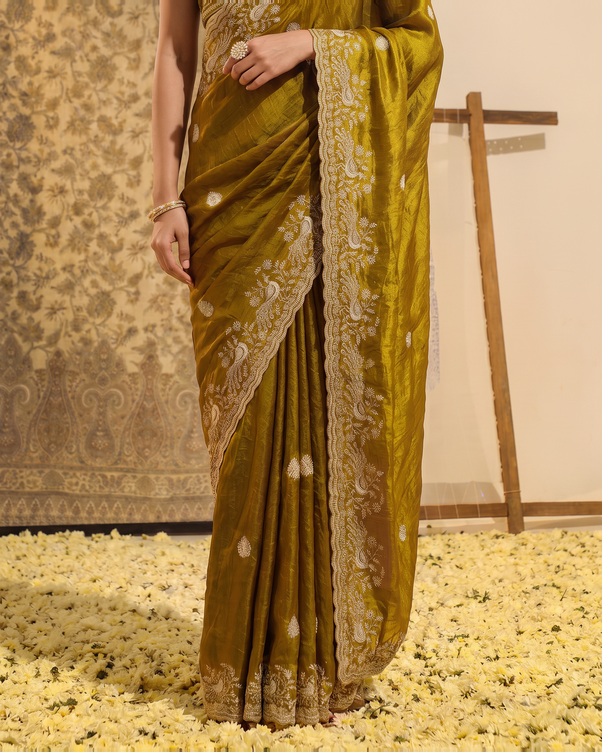 Sudeeksha Delicate Butti Festive Saree with Embroidered Edge - Mustard - lower closeup