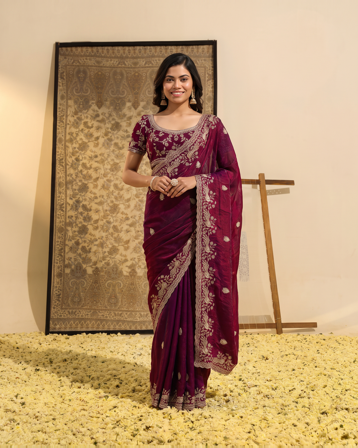 Sudeeksha Delicate Butti Festive Saree with Embroidered Edge - Wine - full saree hero