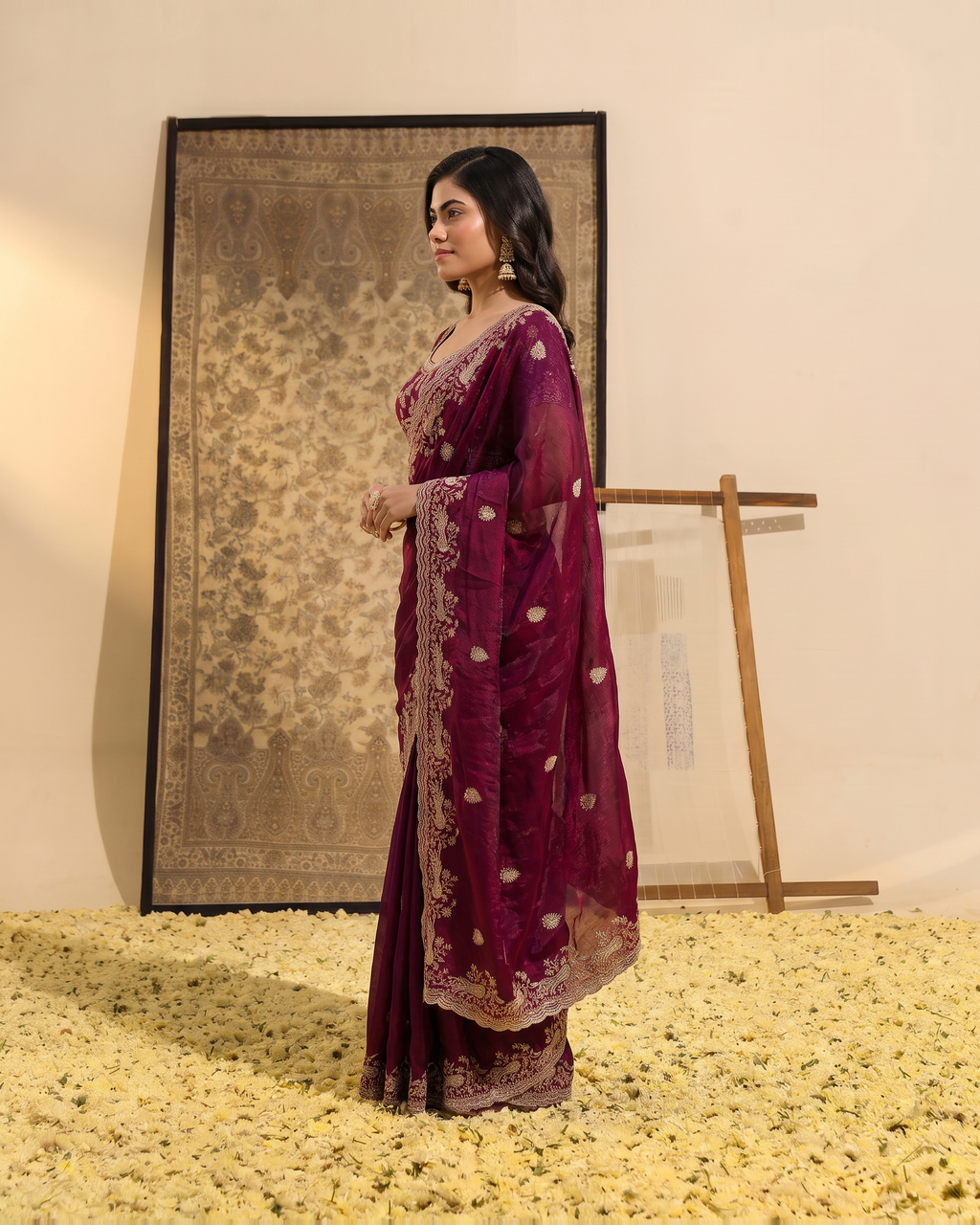 Sudeeksha Delicate Butti Festive Saree with Embroidered Edge - Wine - side