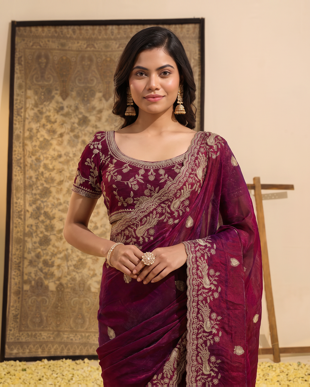 Sudeeksha Delicate Butti Festive Saree with Embroidered Edge - Wine - upper closeup