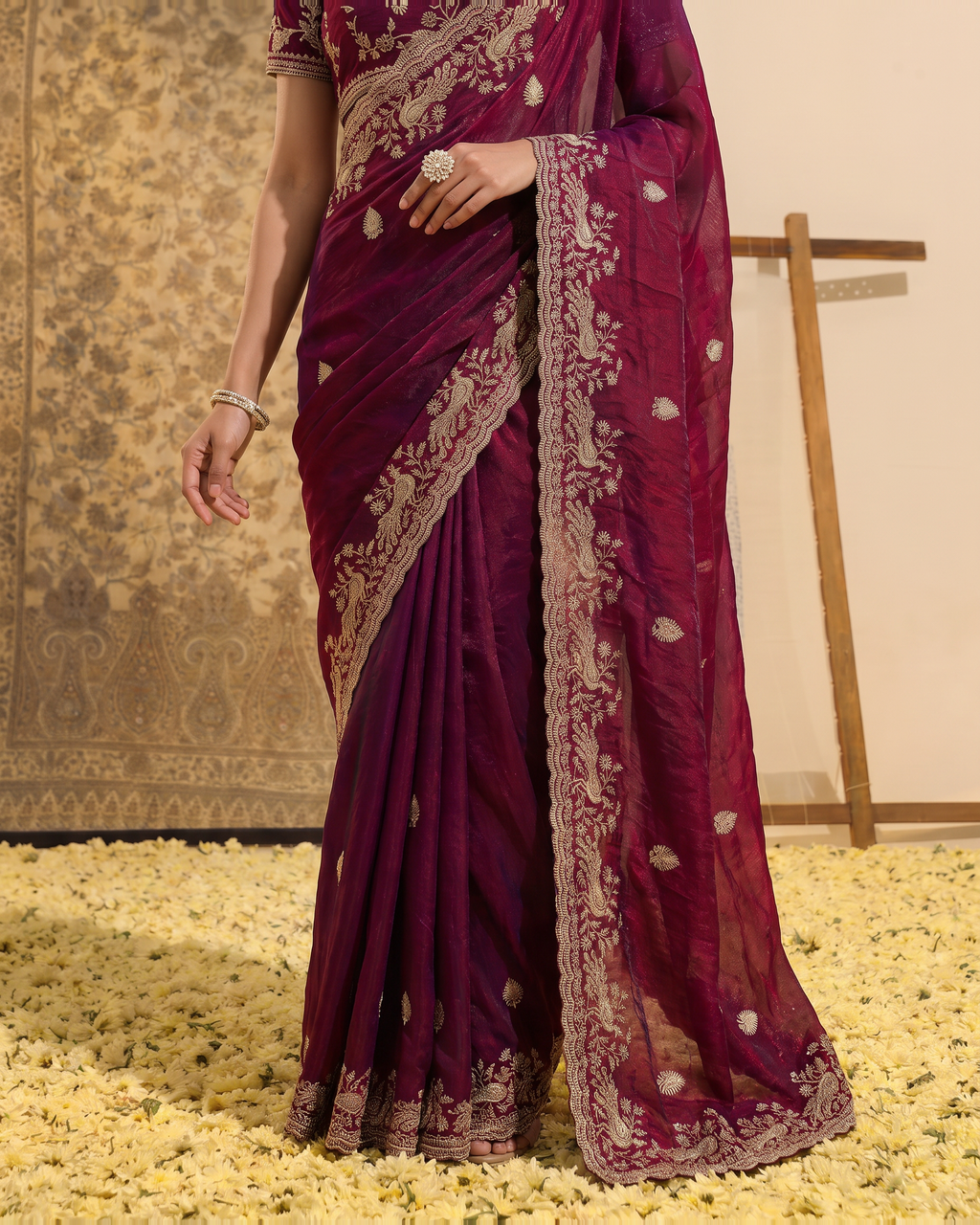 Sudeeksha Delicate Butti Festive Saree with Embroidered Edge - Wine - lower closeup
