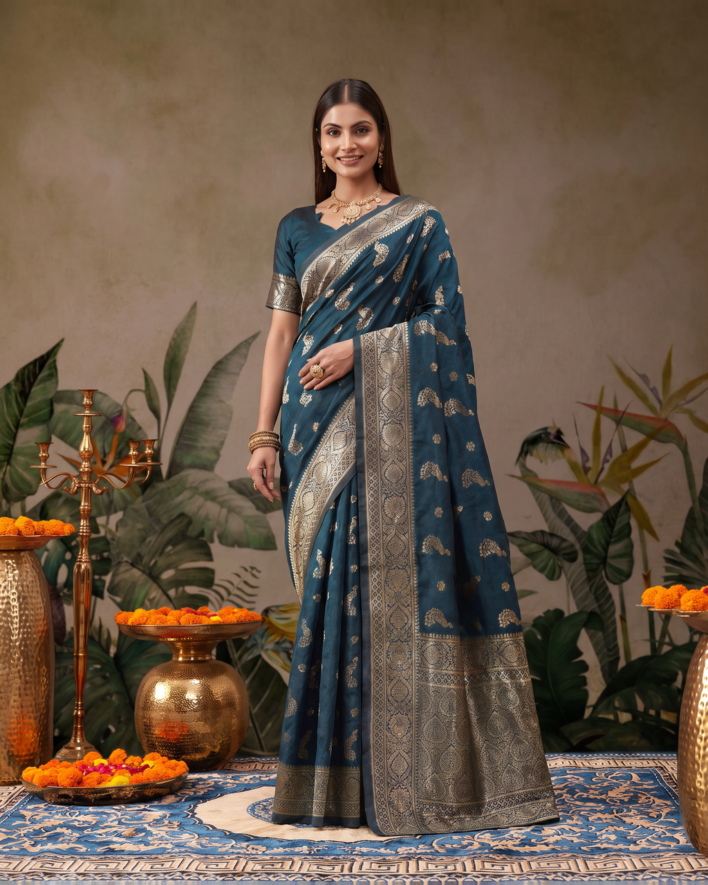 Suhasini Scattered Blossom Silk Saree - Airforce Blue - full saree hero