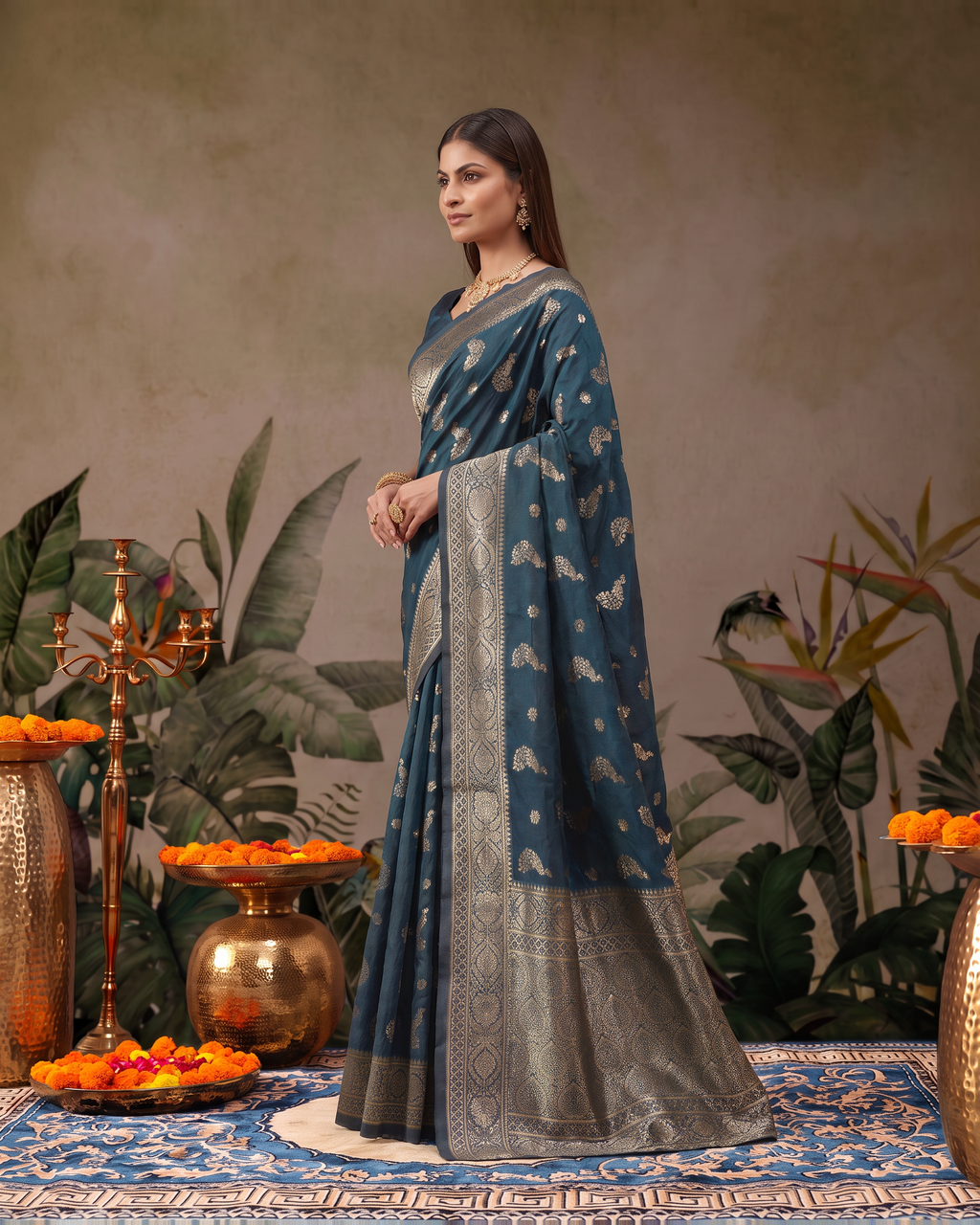 Suhasini Scattered Blossom Silk Saree - Airforce Blue - side drape