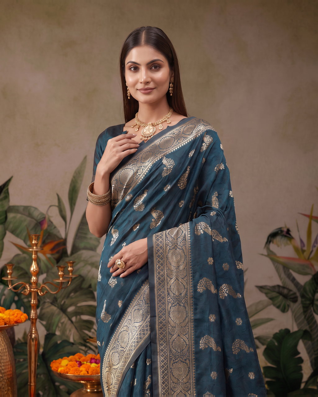 Suhasini Scattered Blossom Silk Saree - Airforce Blue - upper closeup