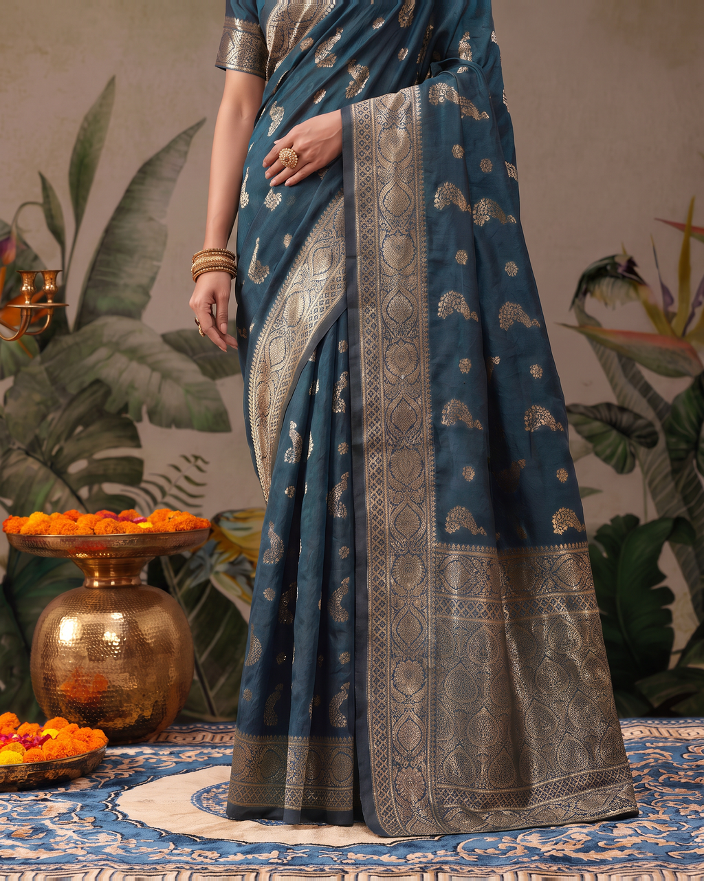 Suhasini Scattered Blossom Silk Saree - Airforce Blue - lower border closeup