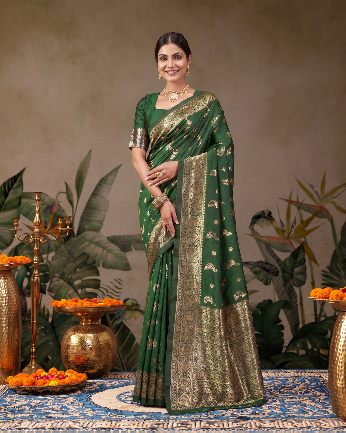 Suhasini Scattered Blossom Silk Saree - Dark Green - full saree hero