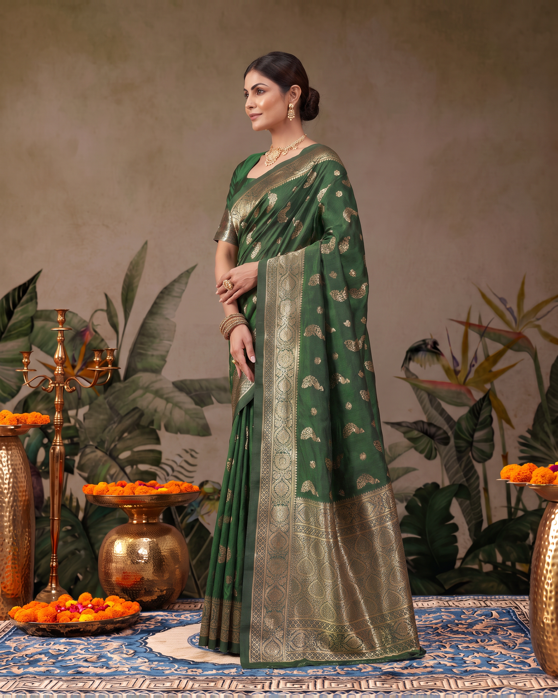 Suhasini Scattered Blossom Silk Saree - Dark Green - side drape