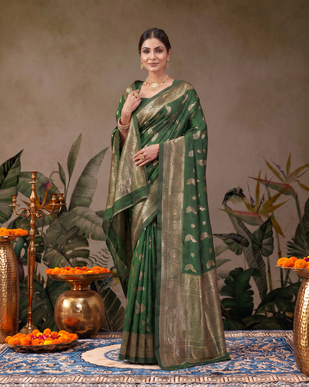 Suhasini Scattered Blossom Silk Saree - Dark Green - upper closeup