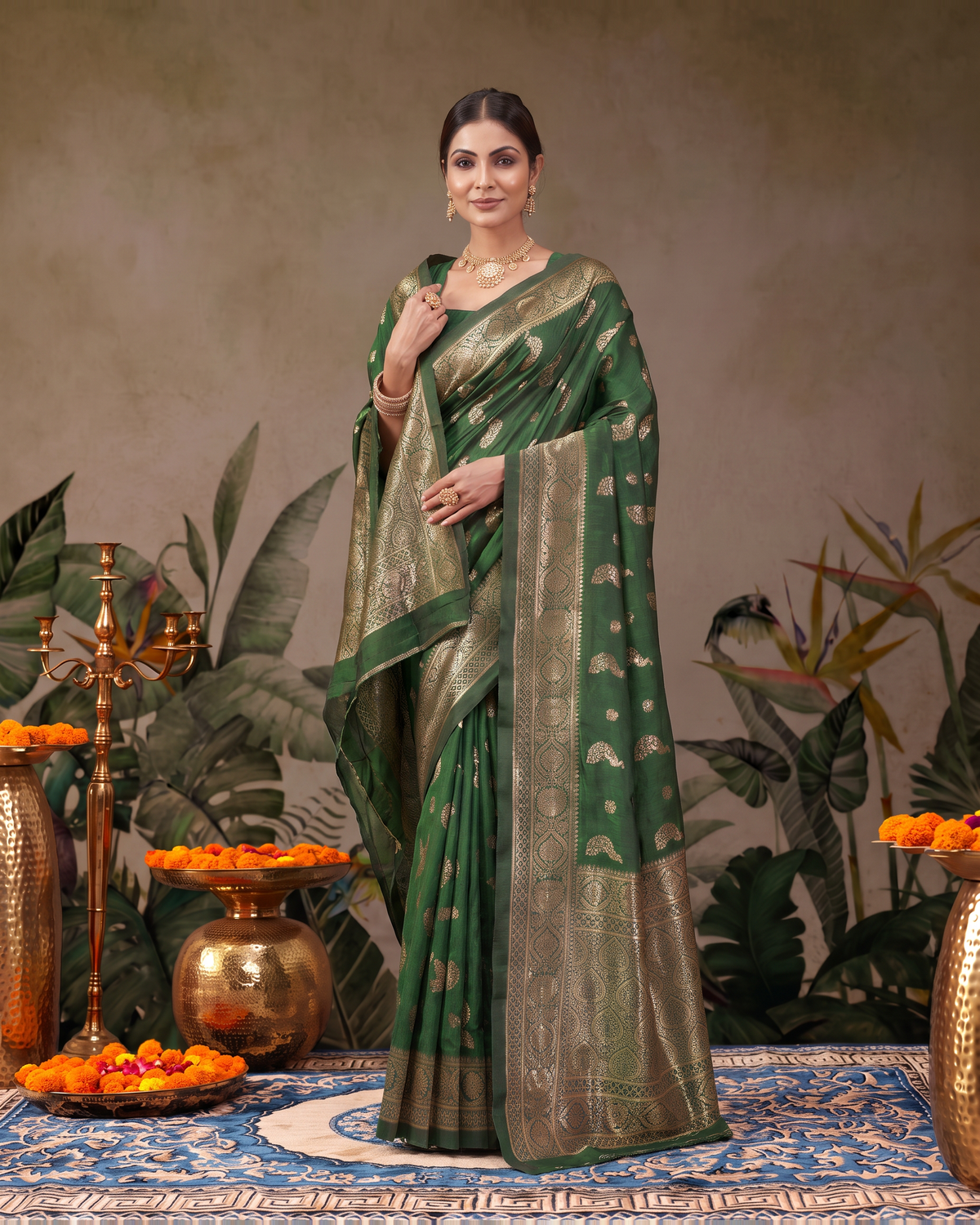 Suhasini Scattered Blossom Silk Saree - Dark Green - upper closeup