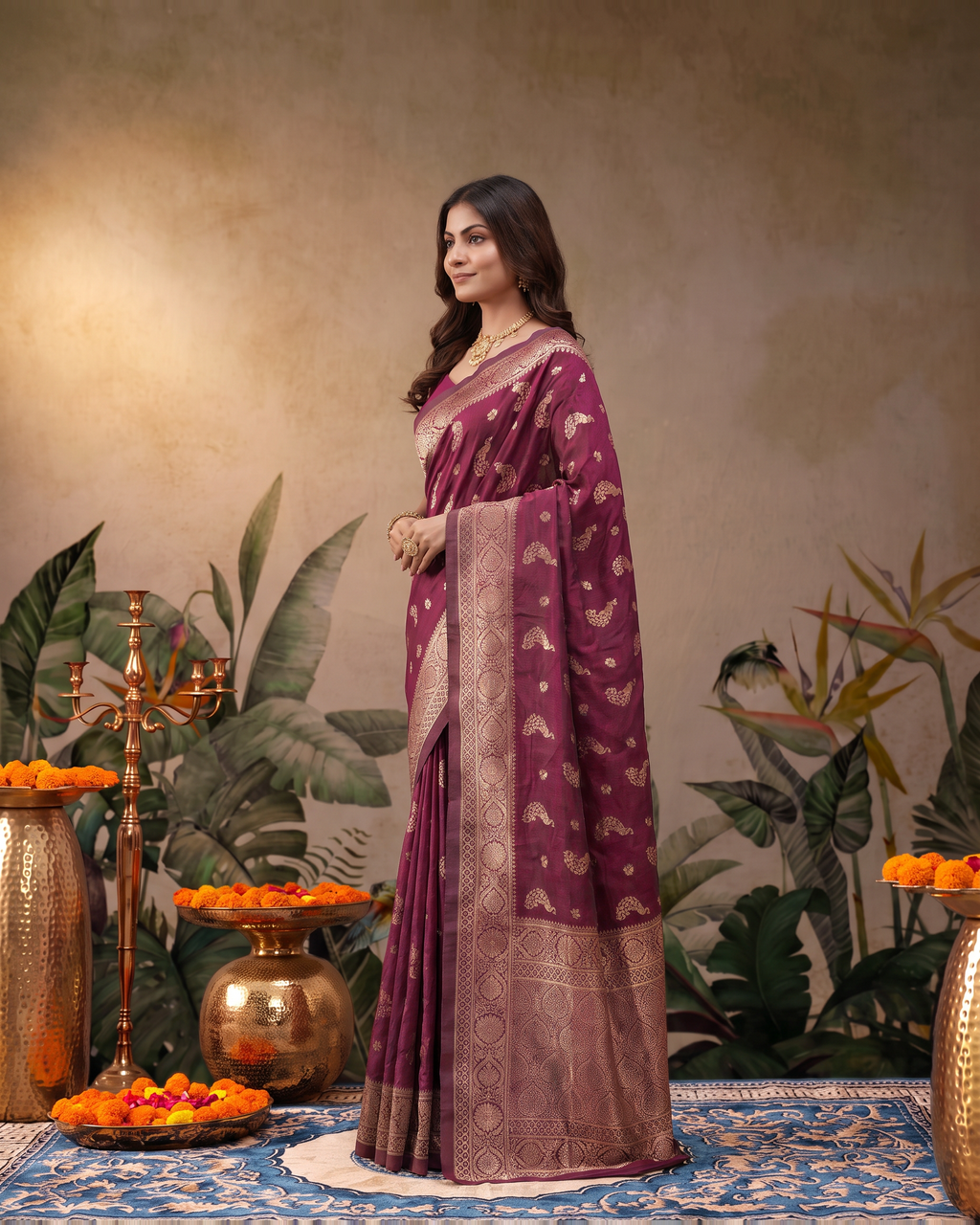 Suhasini Scattered Blossom Silk Saree - Maroon - side drape