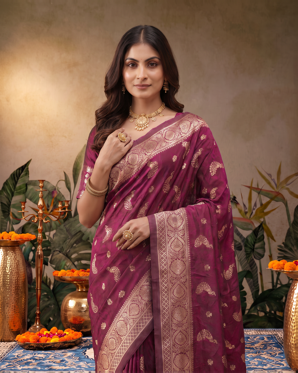 Suhasini Scattered Blossom Silk Saree - Maroon - upper closeup