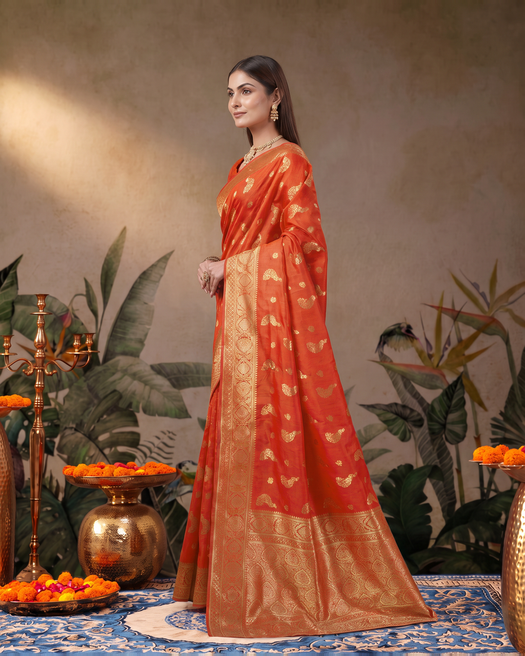 Suhasini Scattered Blossom Silk Saree - Orange - side drape