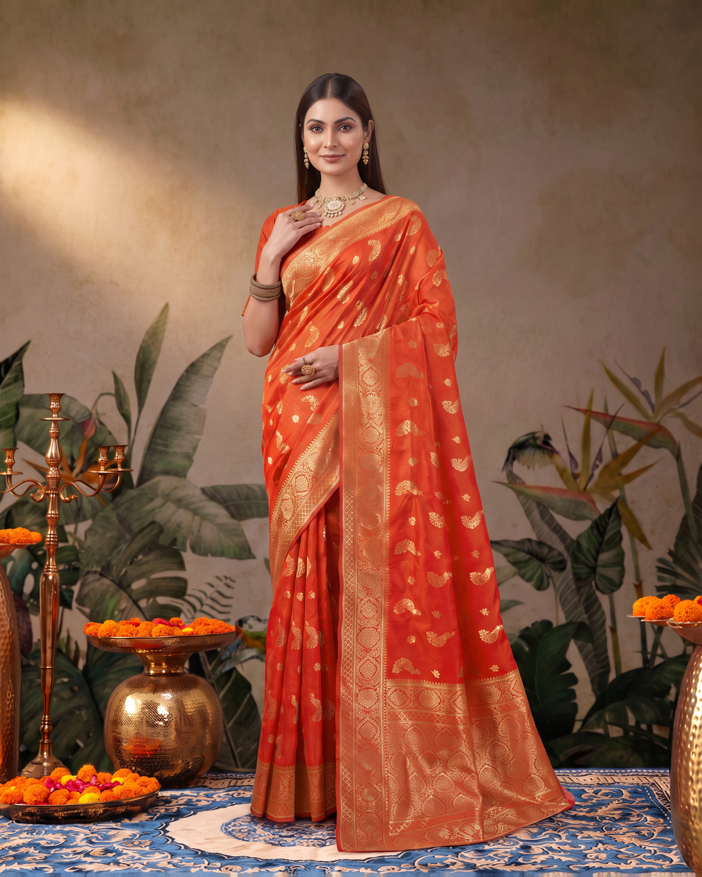 Suhasini Scattered Blossom Silk Saree - Orange - upper closeup