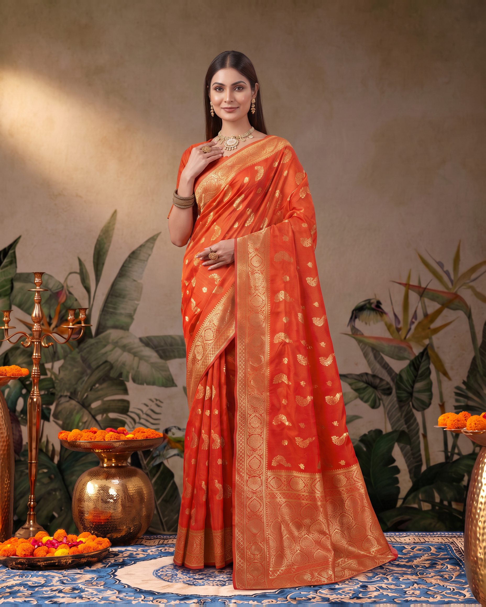 Suhasini Scattered Blossom Silk Saree - Orange - upper closeup