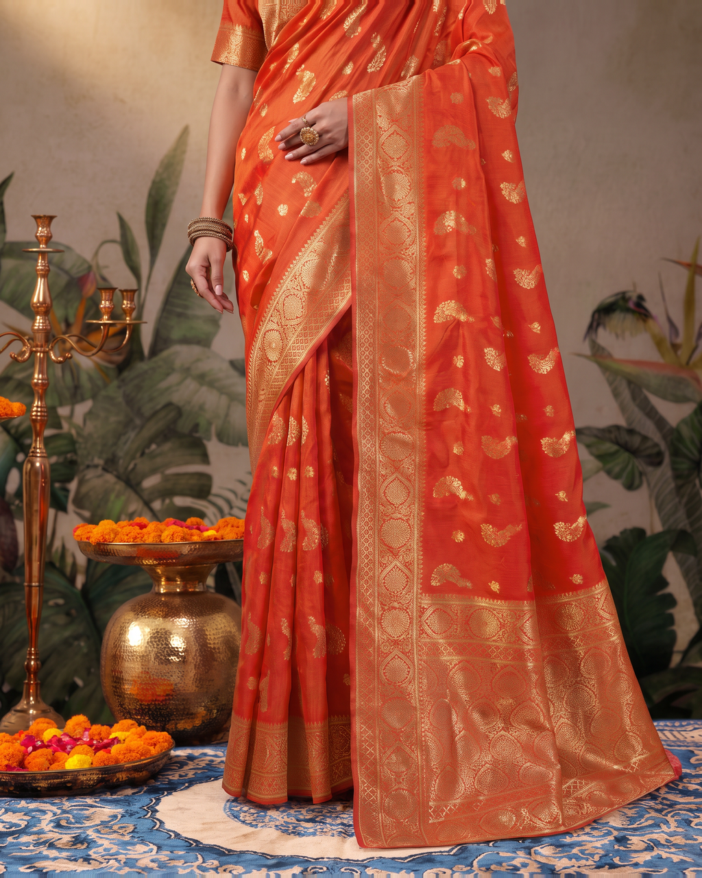 Suhasini Scattered Blossom Silk Saree - Orange - lower border closeup