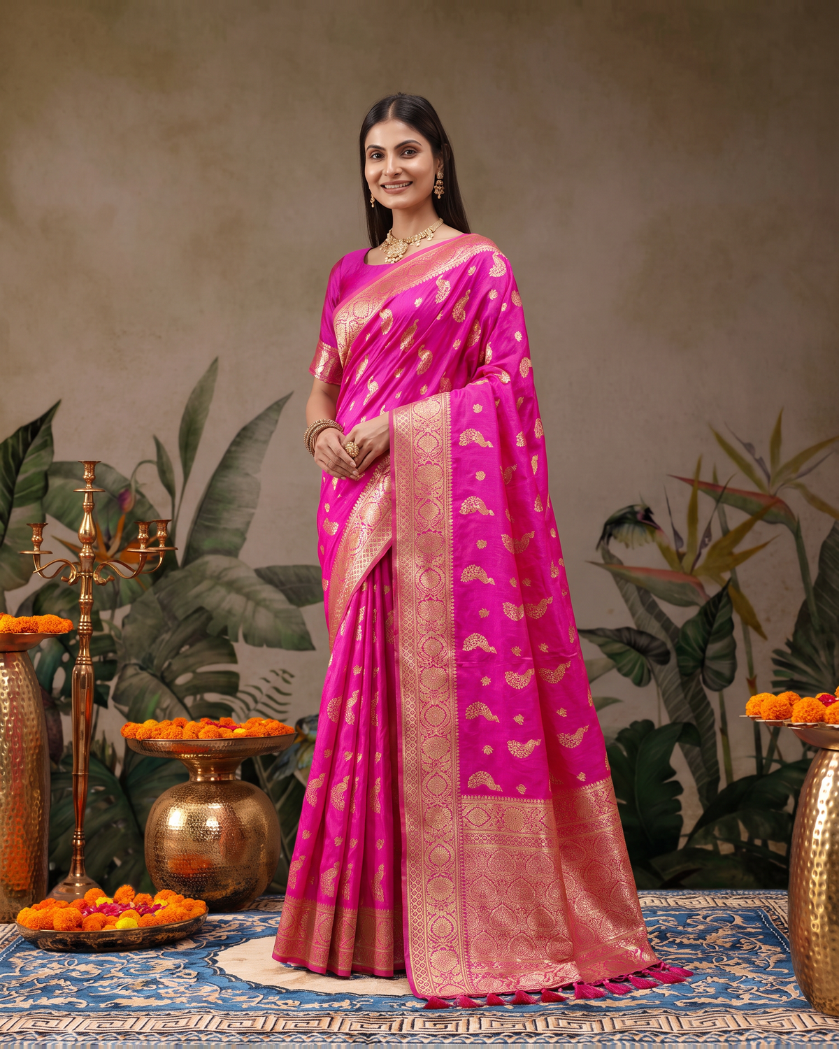 Suhasini Scattered Blossom Silk Saree - Rani Pink - full saree hero