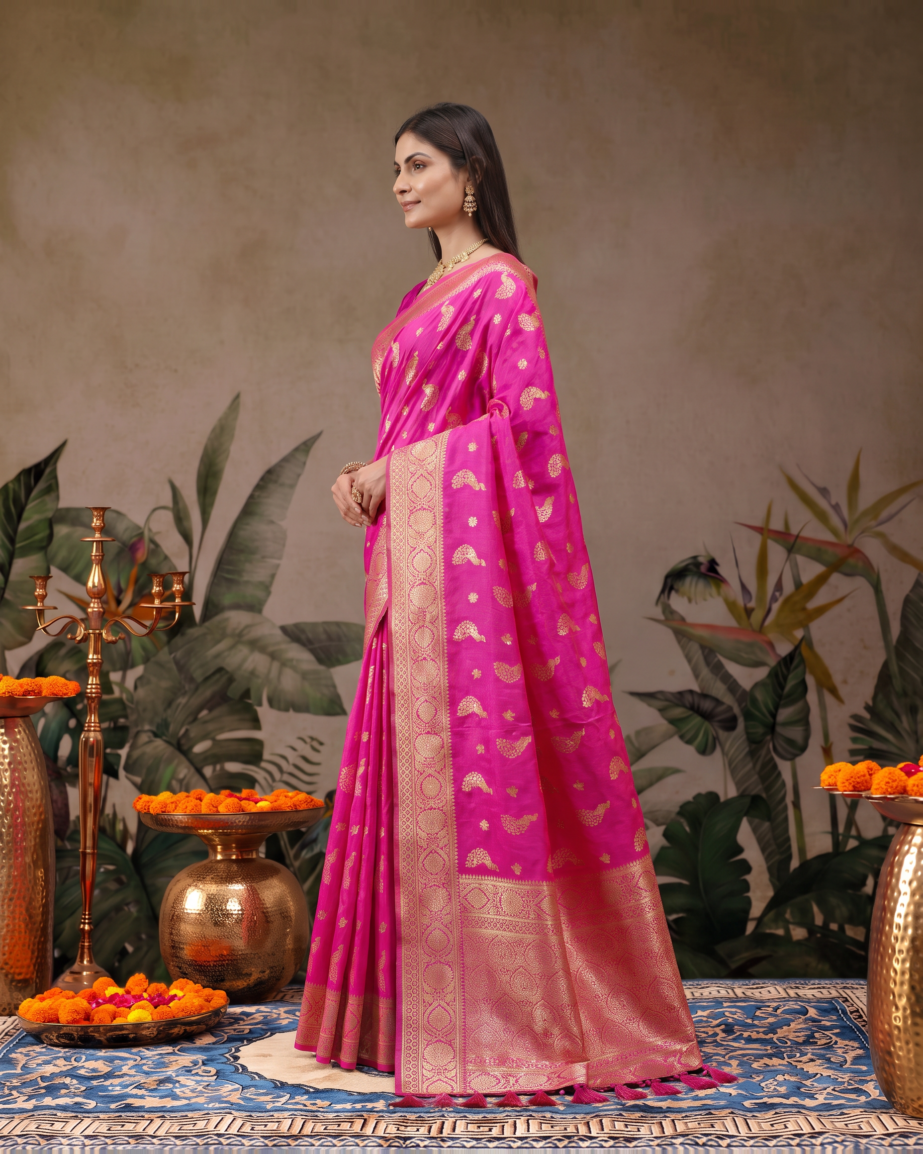 Suhasini Scattered Blossom Silk Saree - Rani Pink - side drape