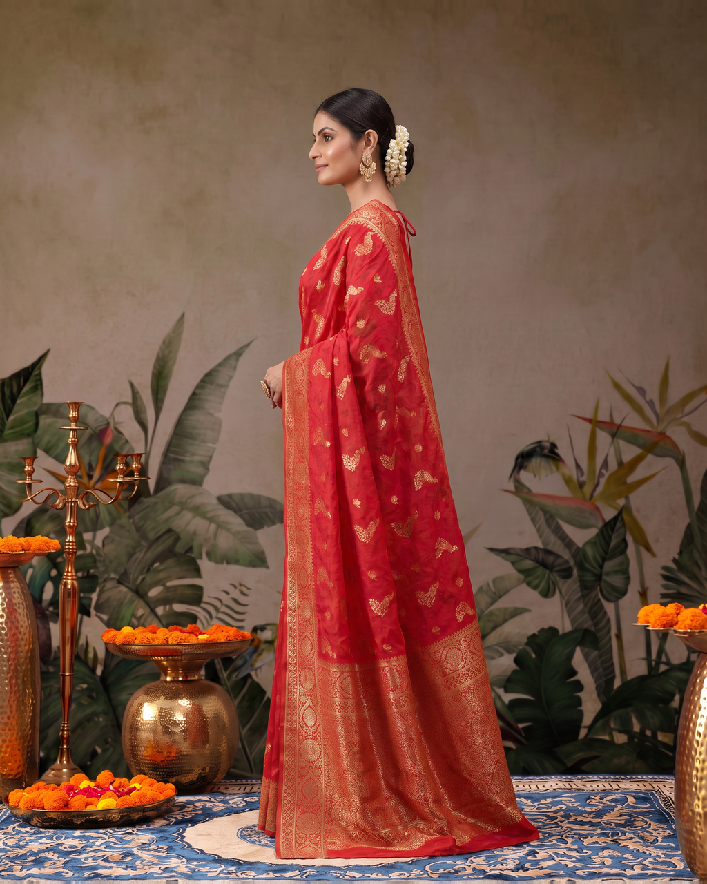 Suhasini Scattered Blossom Silk Saree - Red - side drape