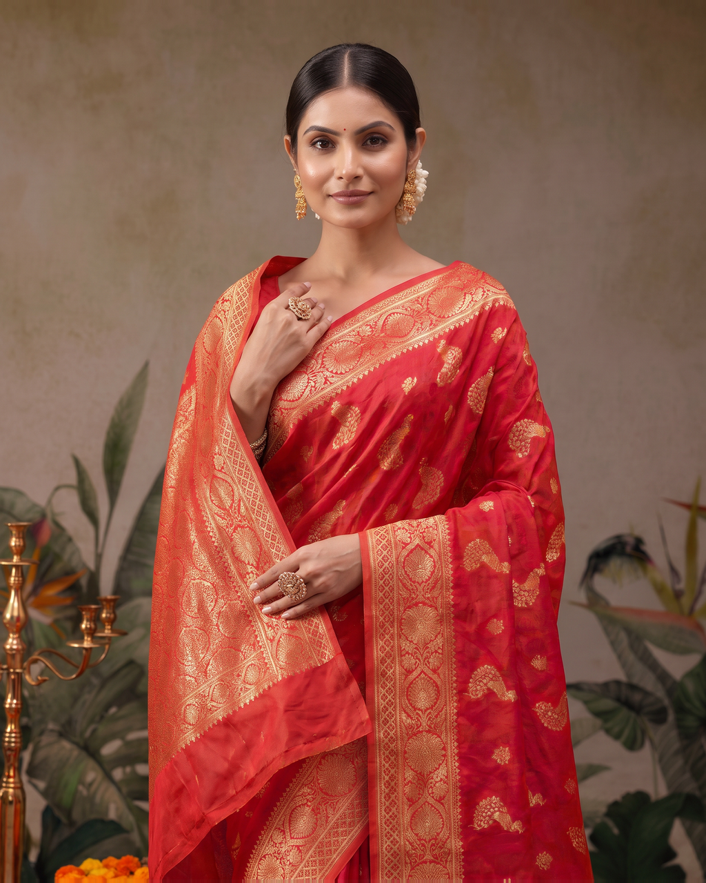 Suhasini Scattered Blossom Silk Saree - Red - upper closeup