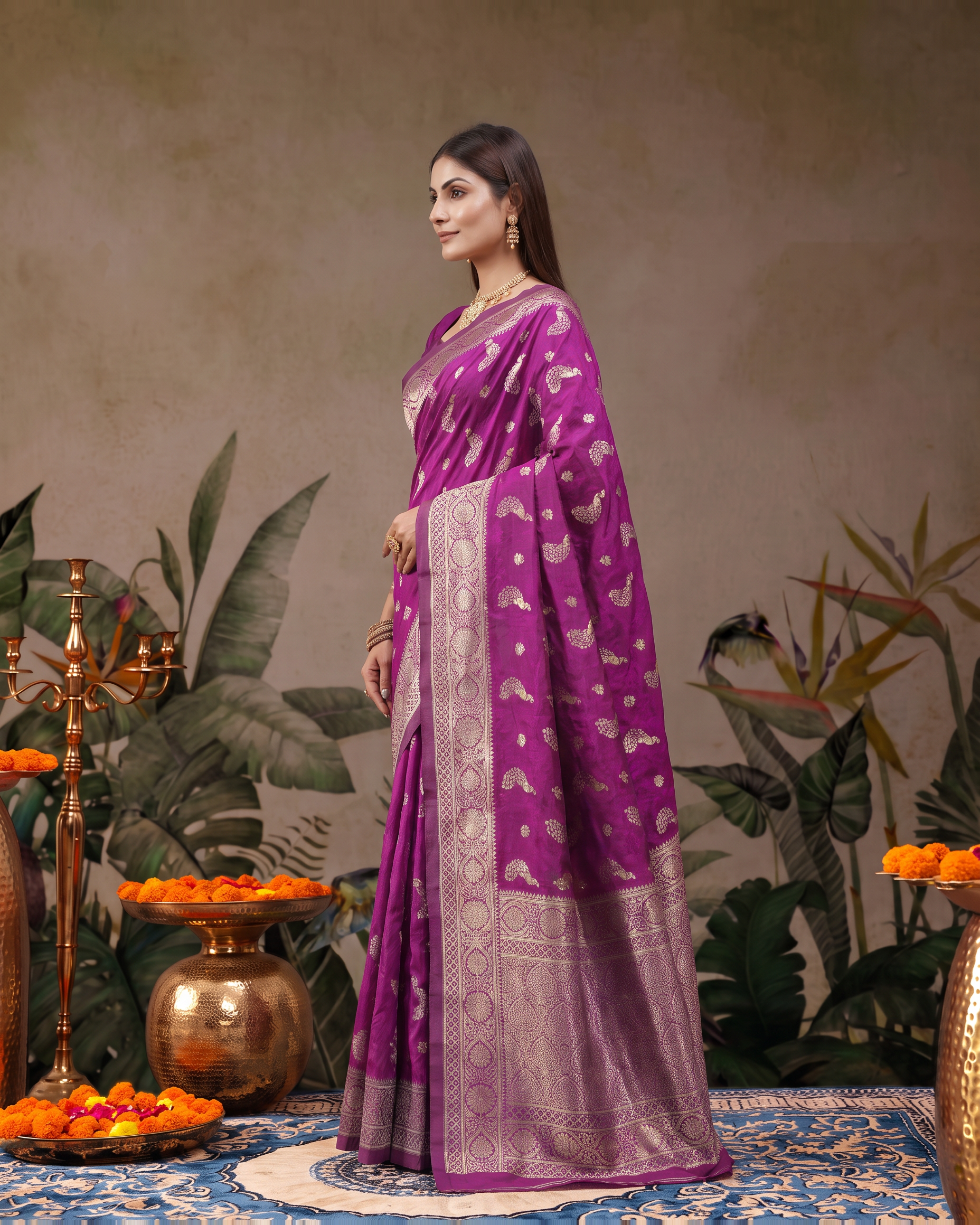 Suhasini Scattered Blossom Silk Saree - Wine - side drape