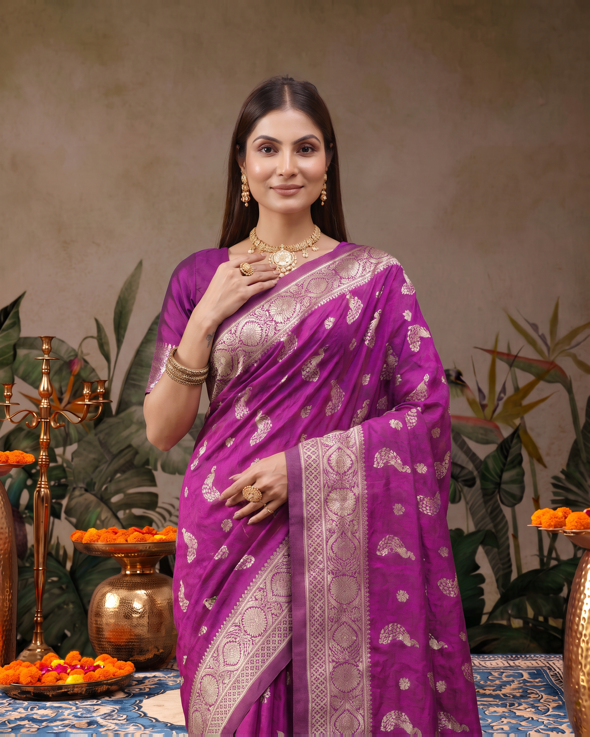 Suhasini Scattered Blossom Silk Saree - Wine - upper closeup