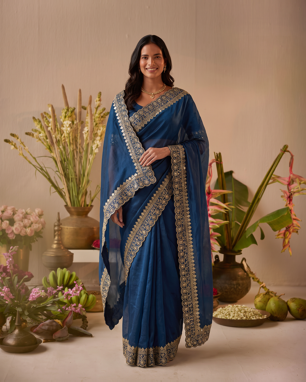 Tanisha Fine Butti Festive Saree with Embellished Border - Air Force - full saree hero