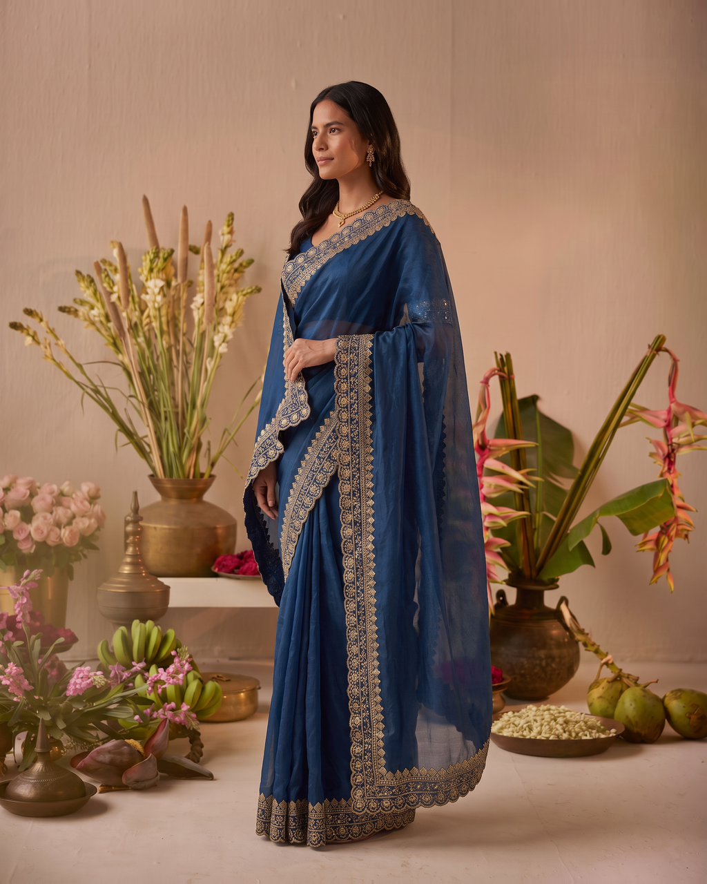 Tanisha Fine Butti Festive Saree with Embellished Border - Air Force - side