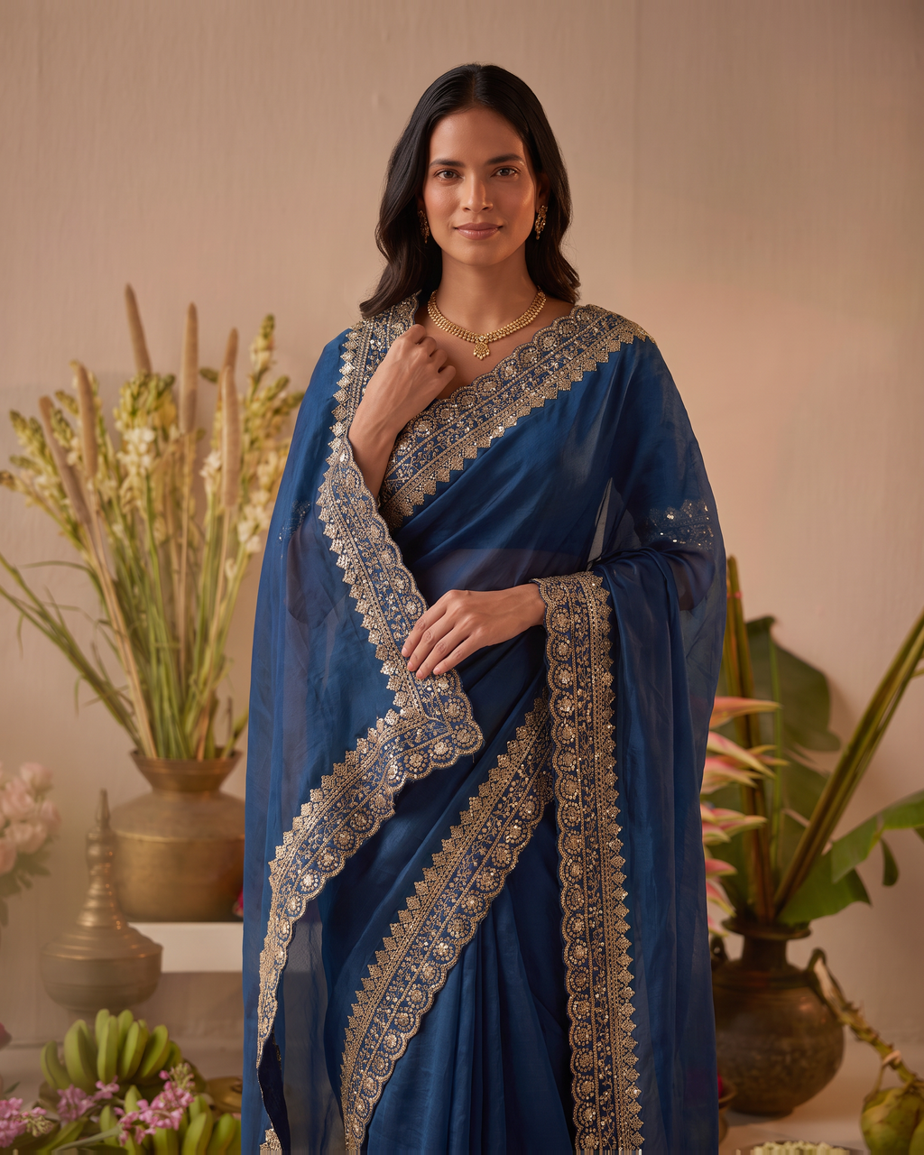 Tanisha Fine Butti Festive Saree with Embellished Border - Air Force - upper closeup
