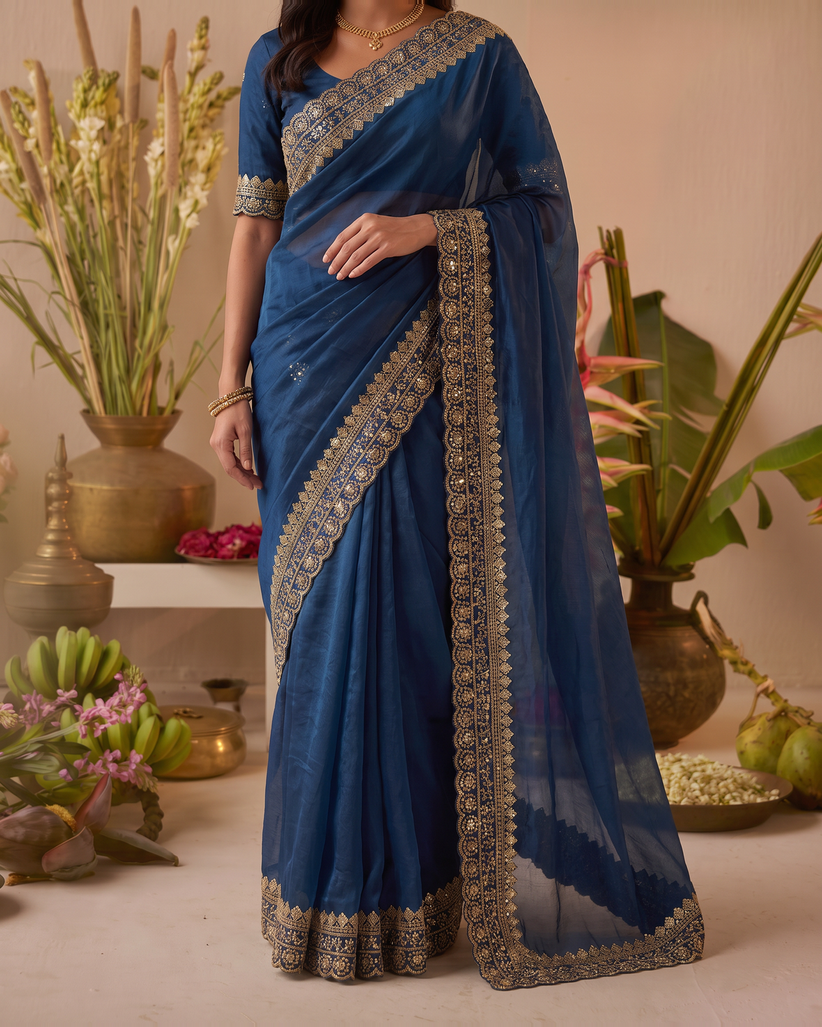 Tanisha Fine Butti Festive Saree with Embellished Border - Air Force - lower closeup