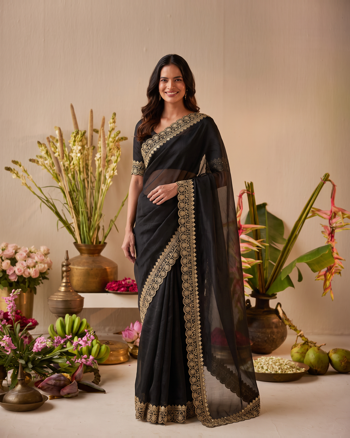 Tanisha Fine Butti Festive Saree with Embellished Border - Black - full saree hero