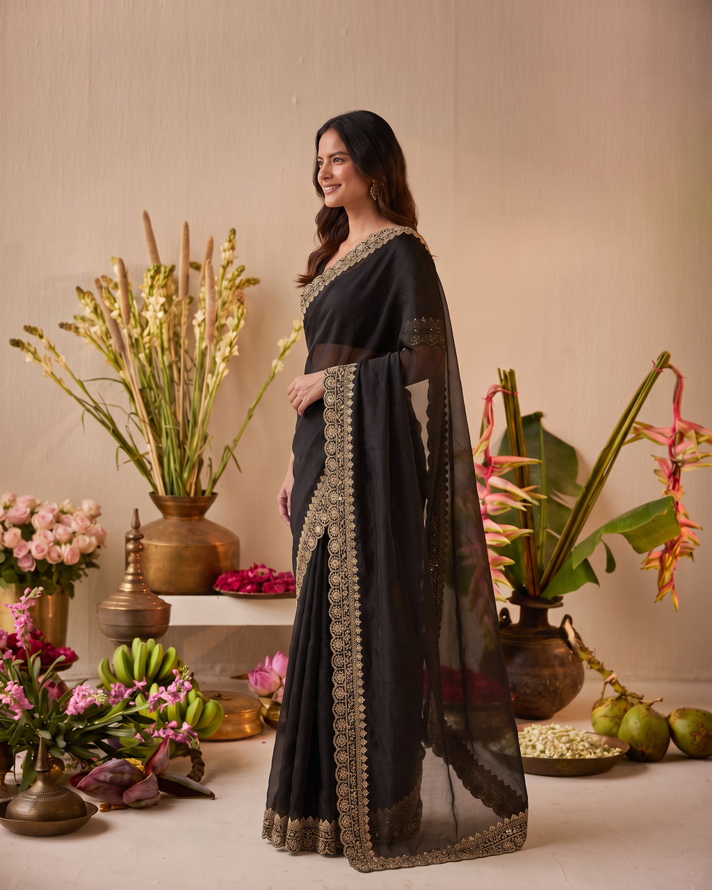 Tanisha Fine Butti Festive Saree with Embellished Border - Black - side