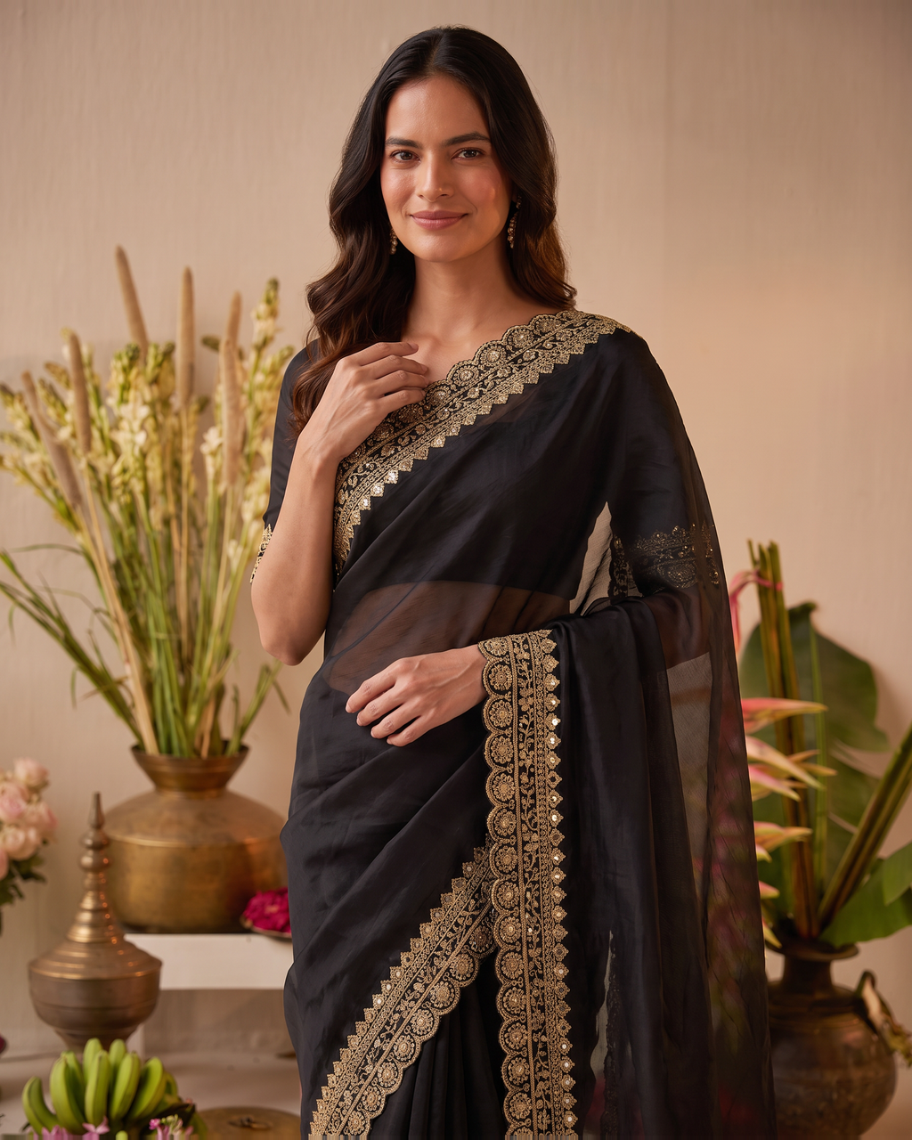 Tanisha Fine Butti Festive Saree with Embellished Border - Black - upper closeup