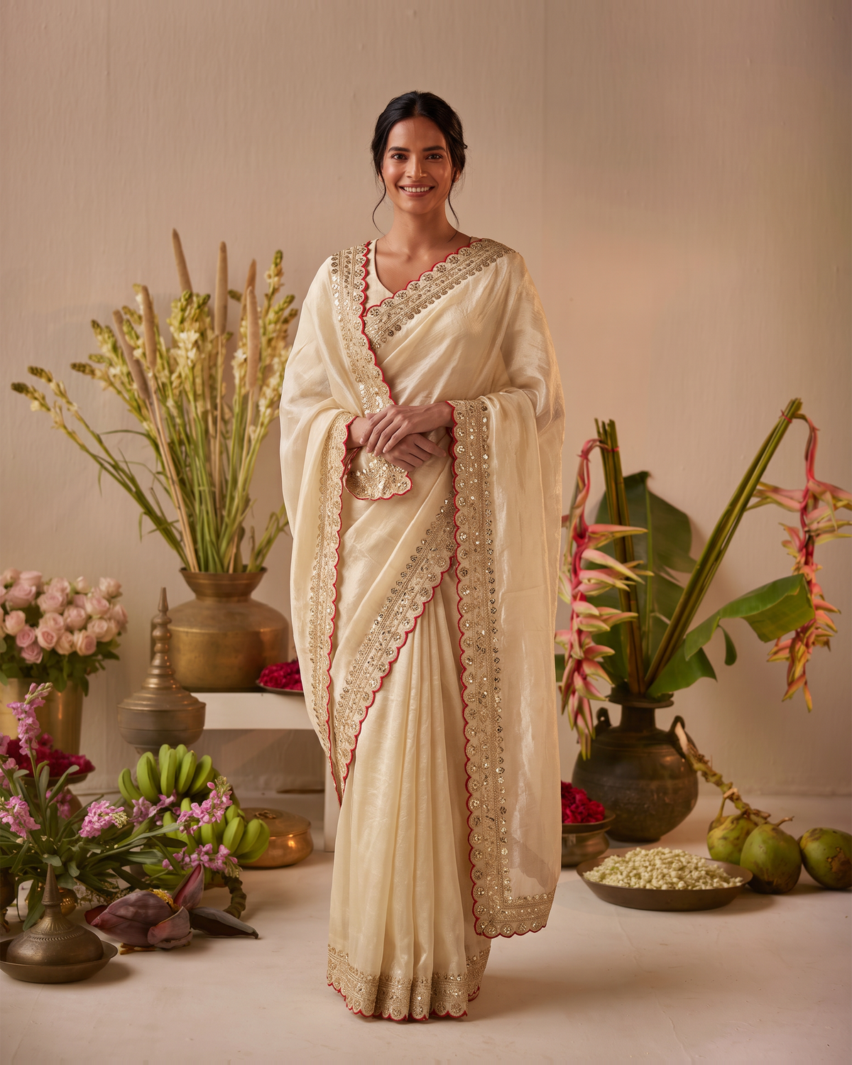 Tanisha Fine Butti Festive Saree with Embellished Border - Chiku - full saree hero