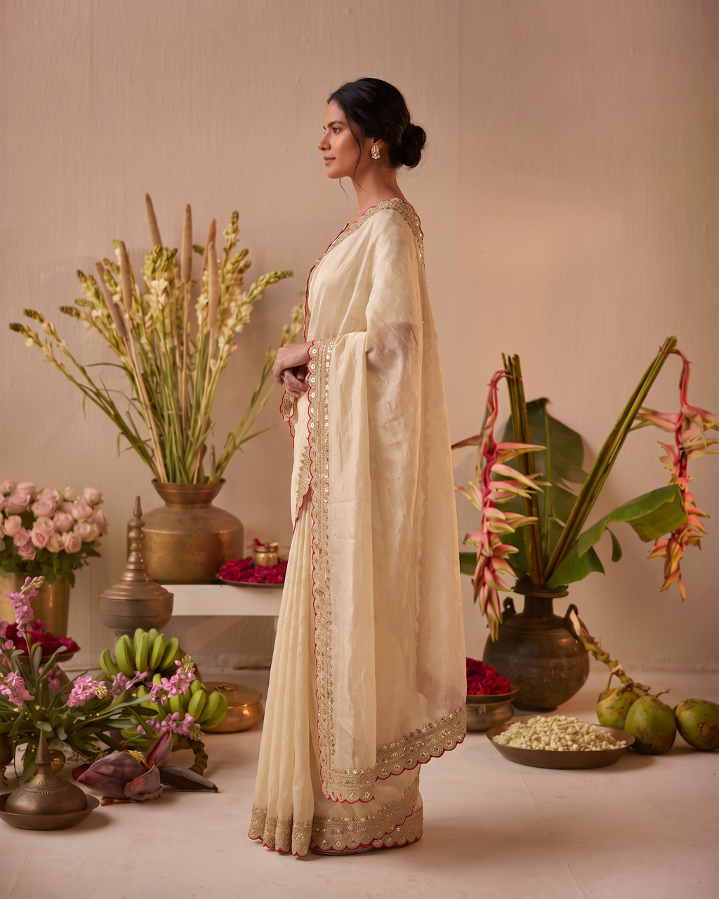 Tanisha Fine Butti Festive Saree with Embellished Border - Chiku - side