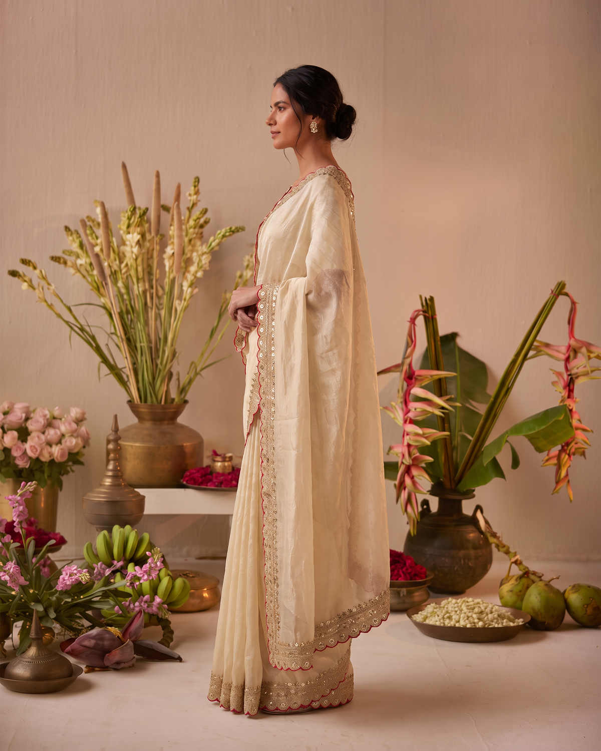 Tanisha Fine Butti Festive Saree with Embellished Border - Chiku - side