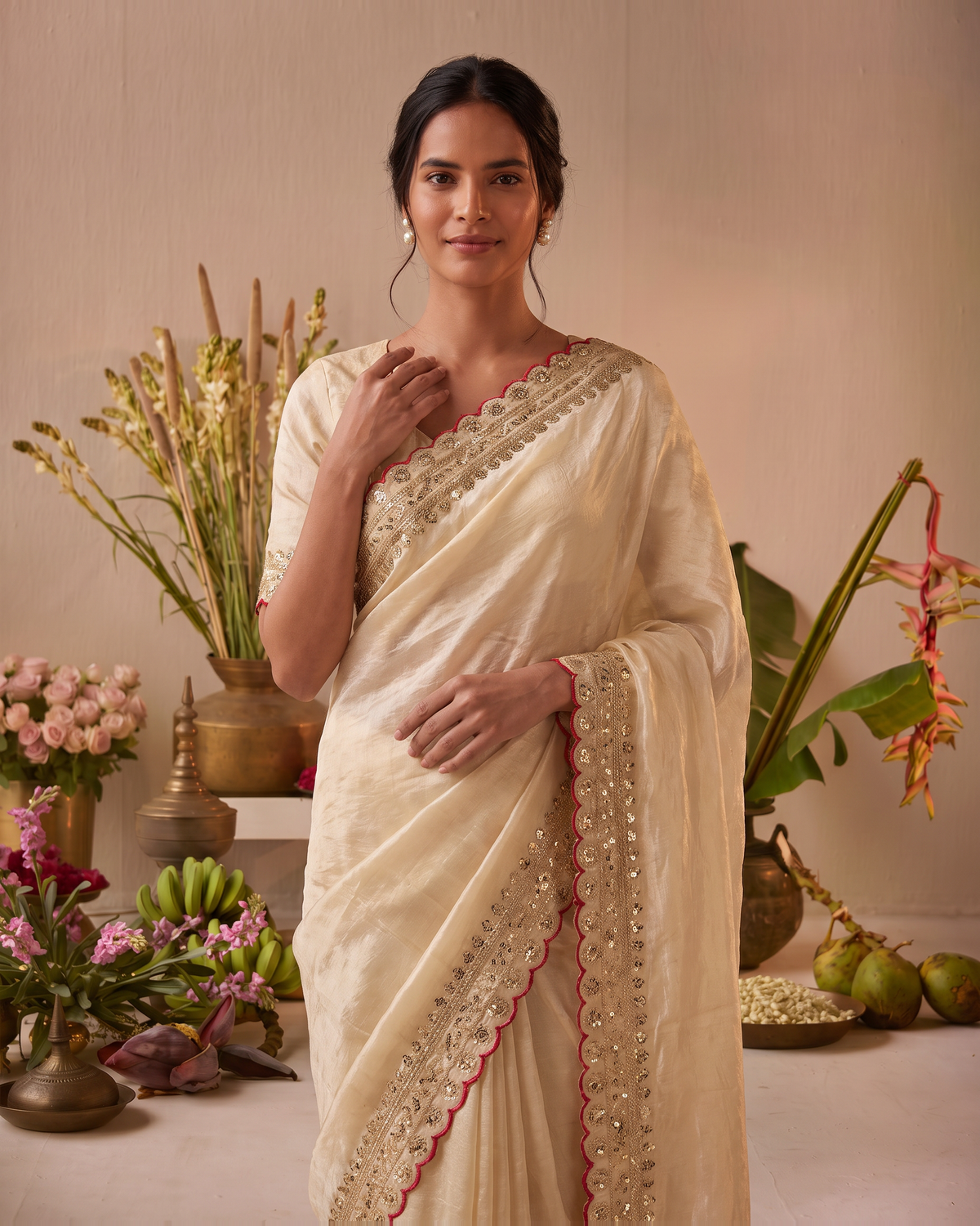 Tanisha Fine Butti Festive Saree with Embellished Border - Chiku - upper closeup