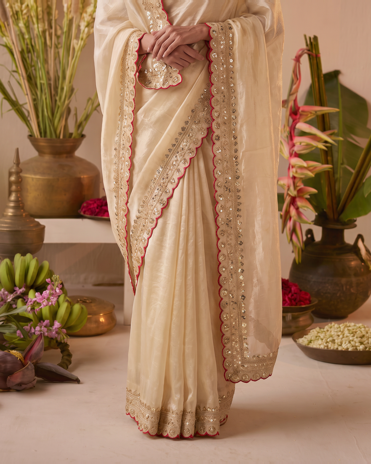 Tanisha Fine Butti Festive Saree with Embellished Border - Chiku - lower closeup