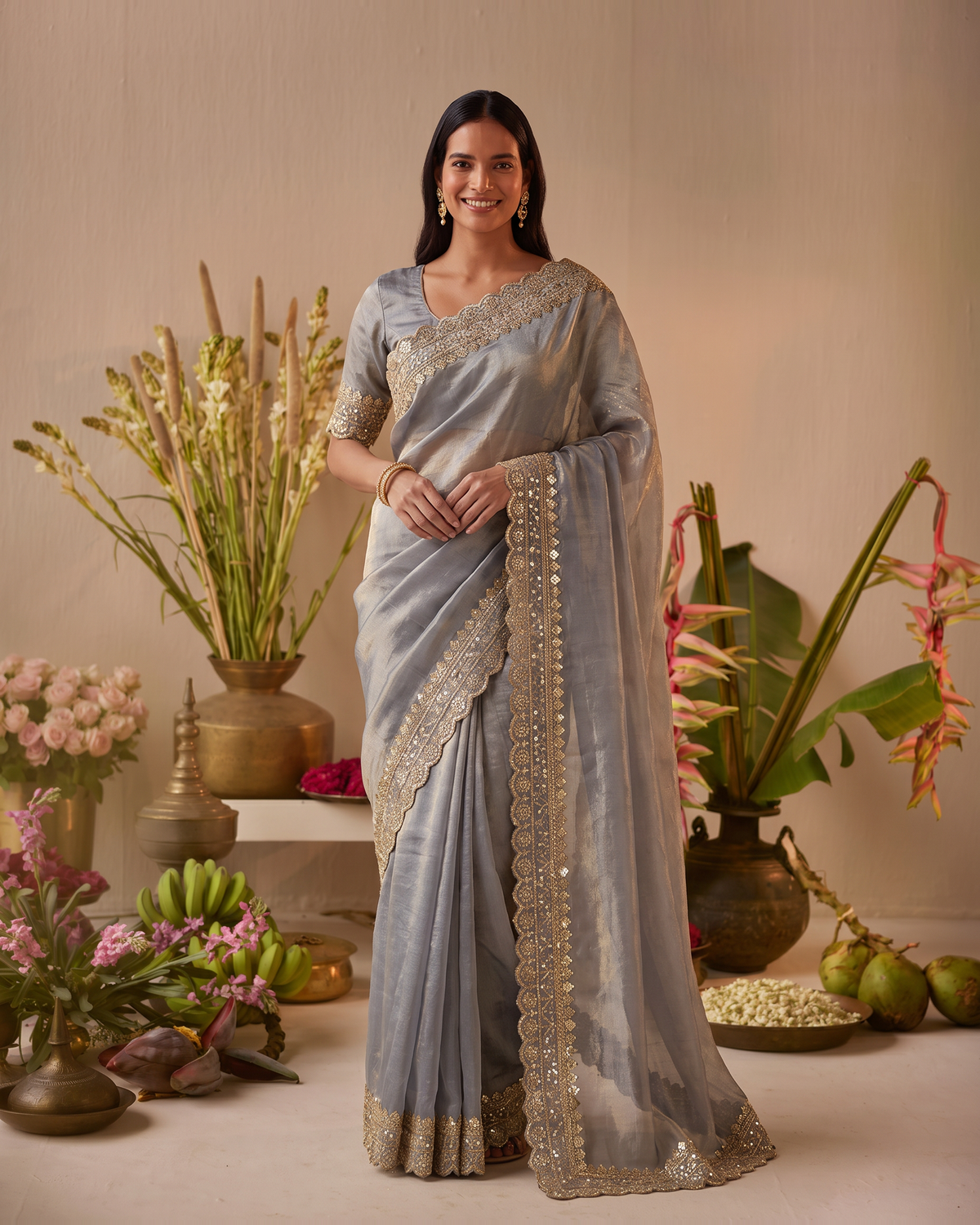 Tanisha Fine Butti Festive Saree with Embellished Border - Grey - full saree hero