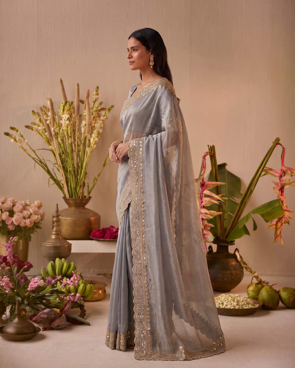 Tanisha Fine Butti Festive Saree with Embellished Border - Grey - side