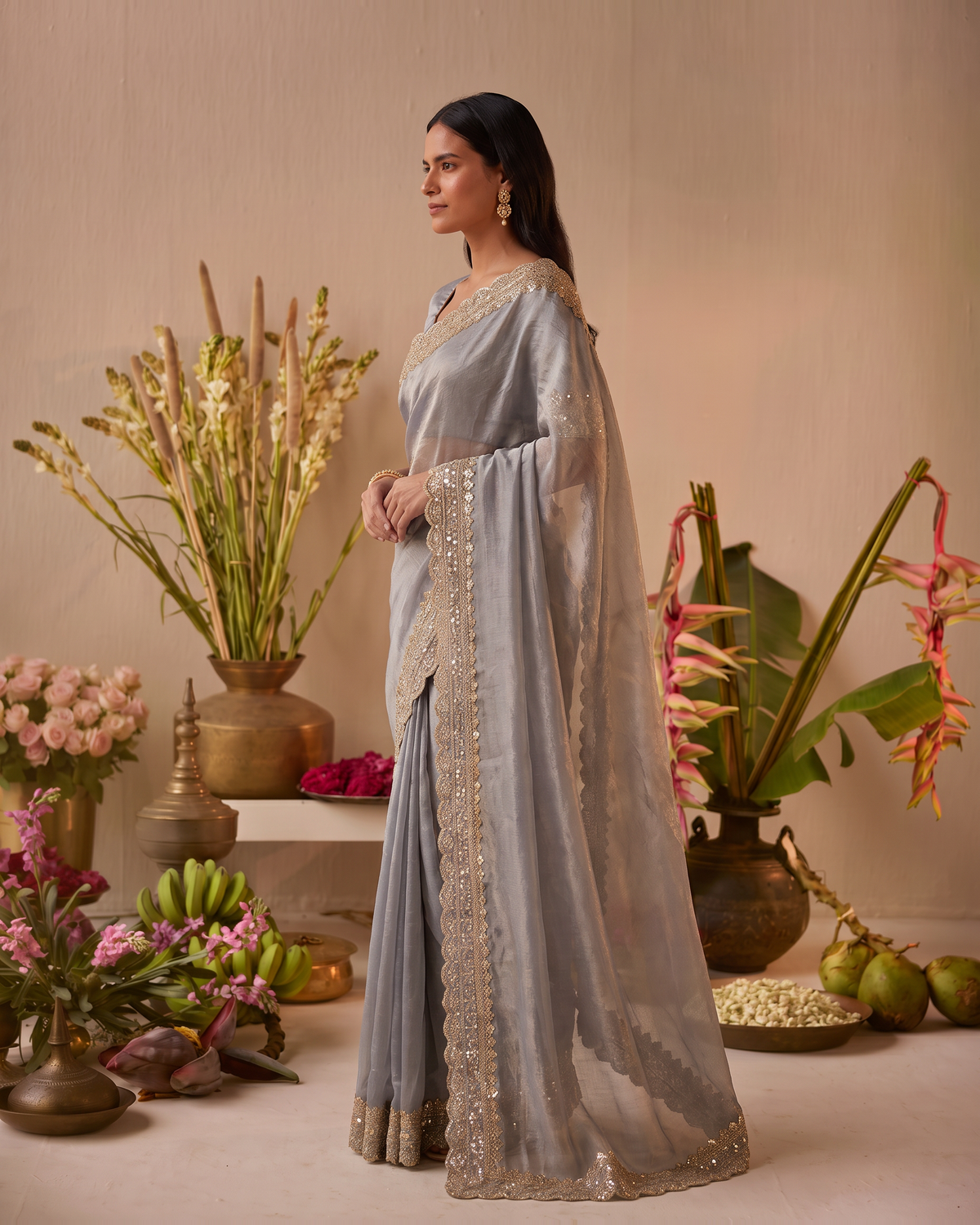 Tanisha Fine Butti Festive Saree with Embellished Border - Grey - side