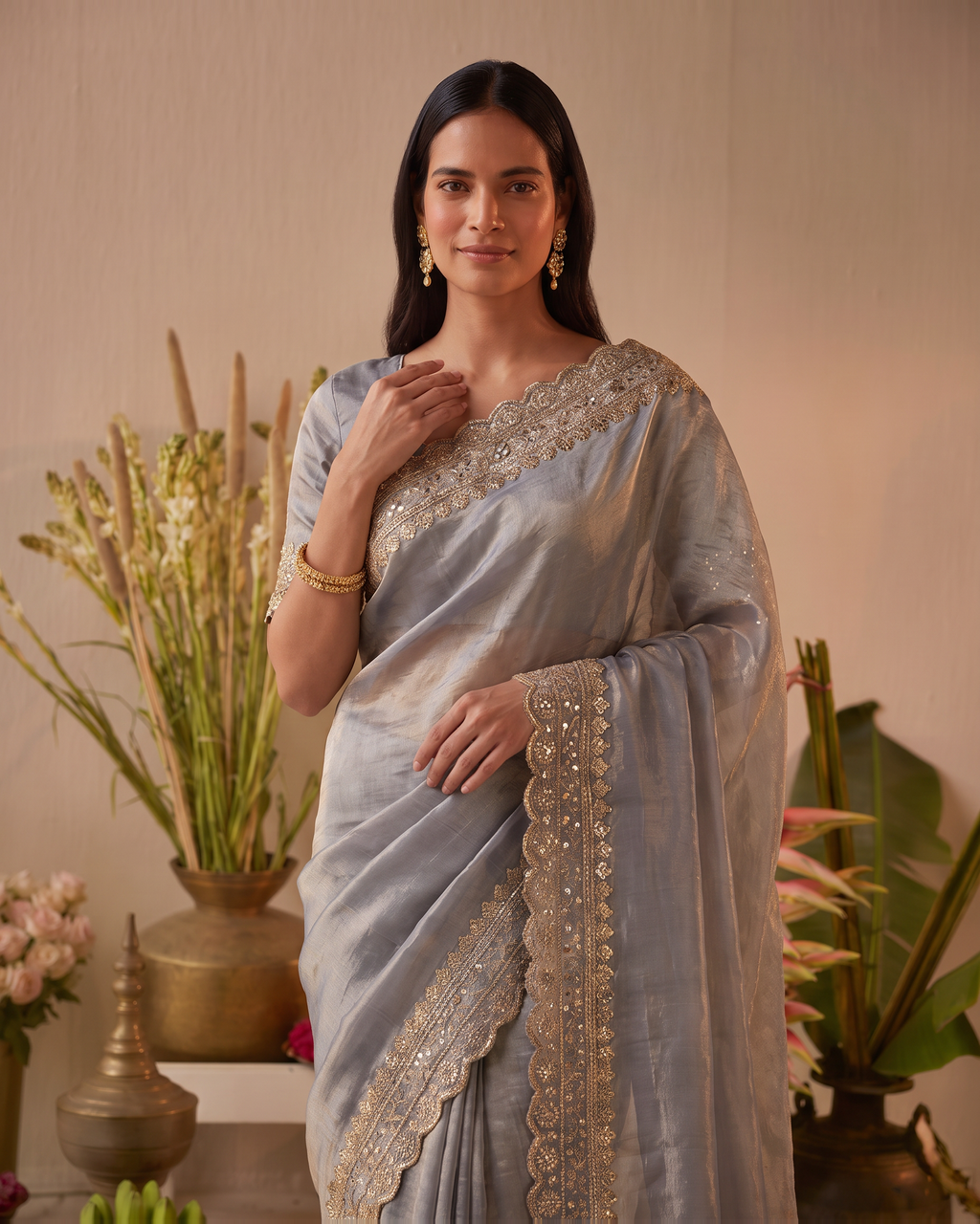 Tanisha Fine Butti Festive Saree with Embellished Border - Grey - upper closeup