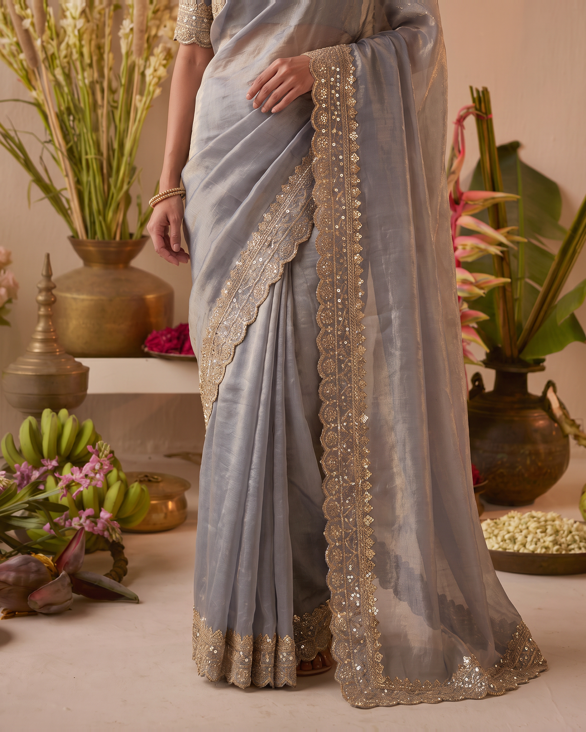 Tanisha Fine Butti Festive Saree with Embellished Border - Grey - lower closeup